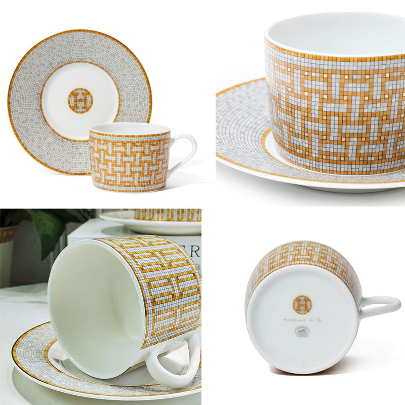 European Style Bone China Coffee Cups and Saucers Set, Porcelain Teacup Set with Spoons for Afternoon Tea, Home & Office Use