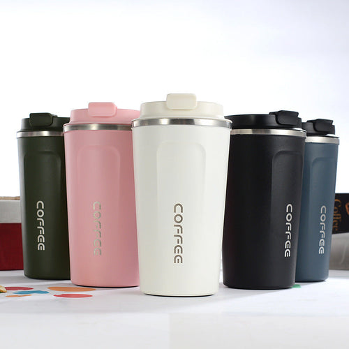 Insulated stainless steel travel mug, front view