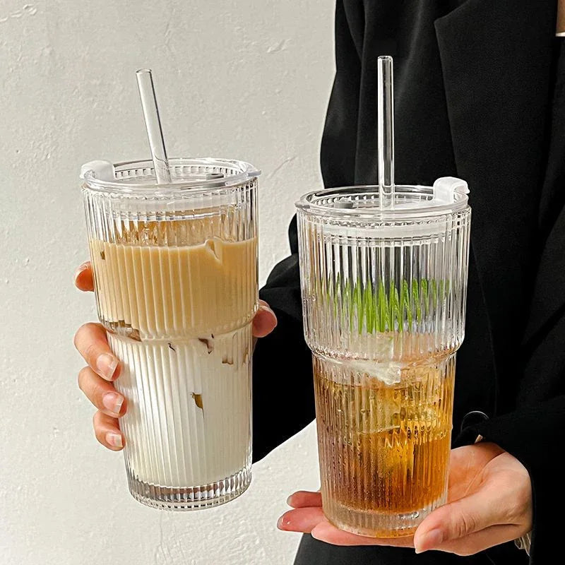 Striped glass iced coffee cup with lid and straw, 600ml